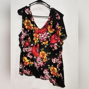 5/$25 Kate & Mallory Black Floral Ruffle One-Shoulder Tank - Red Pink Yellow